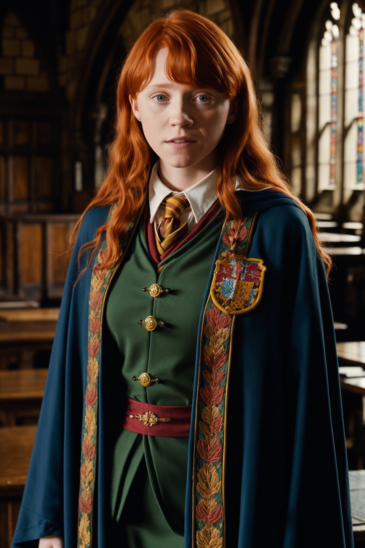 GS-Womanly AS-Adult beautiful cute ron weasley, long wavy ginger hair as a professor in hogwarts standing in a hogwarts ca...